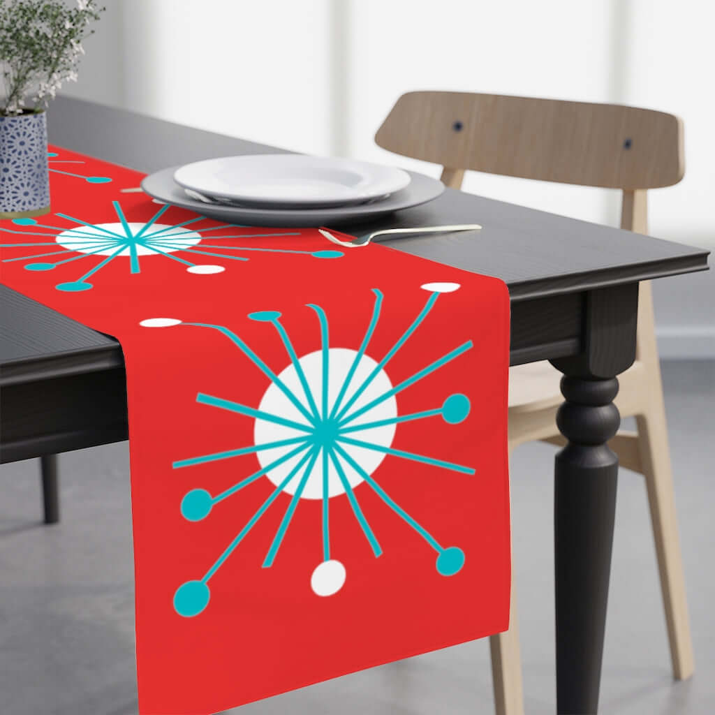 MCM Atomic Astro Burst Red, Aqua Blue, White Mid Century Modern Table Runner Home Decor White / 90'' × 16''