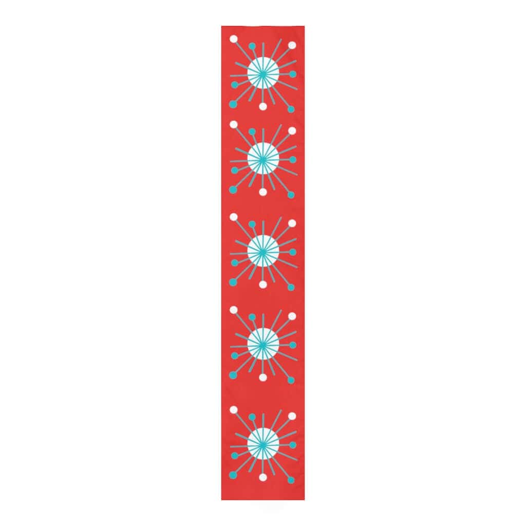 MCM Atomic Astro Burst Red, Aqua Blue, White Mid Century Modern Table Runner Home Decor White / 90'' × 16''