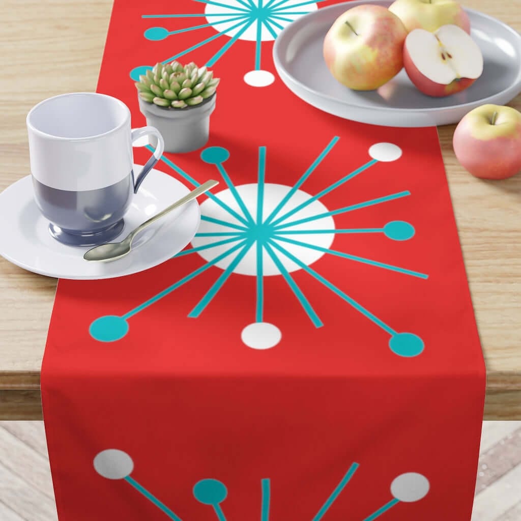 MCM Atomic Astro Burst Red, Aqua Blue, White Mid Century Modern Table Runner Home Decor White / 90'' × 16''