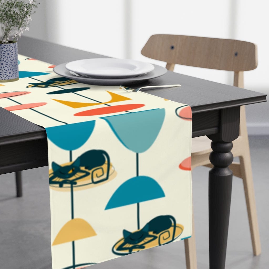 MCM Retro Cool Atomic Cat, 1950's Mid Century Modern Table Runner Home Decor White / 90'' × 16''