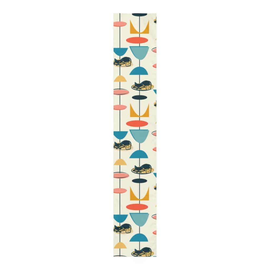 MCM Retro Cool Atomic Cat, 1950's Mid Century Modern Table Runner Home Decor White / 90'' × 16''
