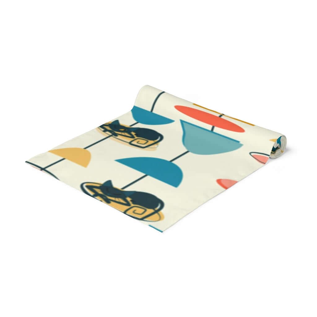 MCM Retro Cool Atomic Cat, 1950's Mid Century Modern Table Runner Home Decor White / 90'' × 16''