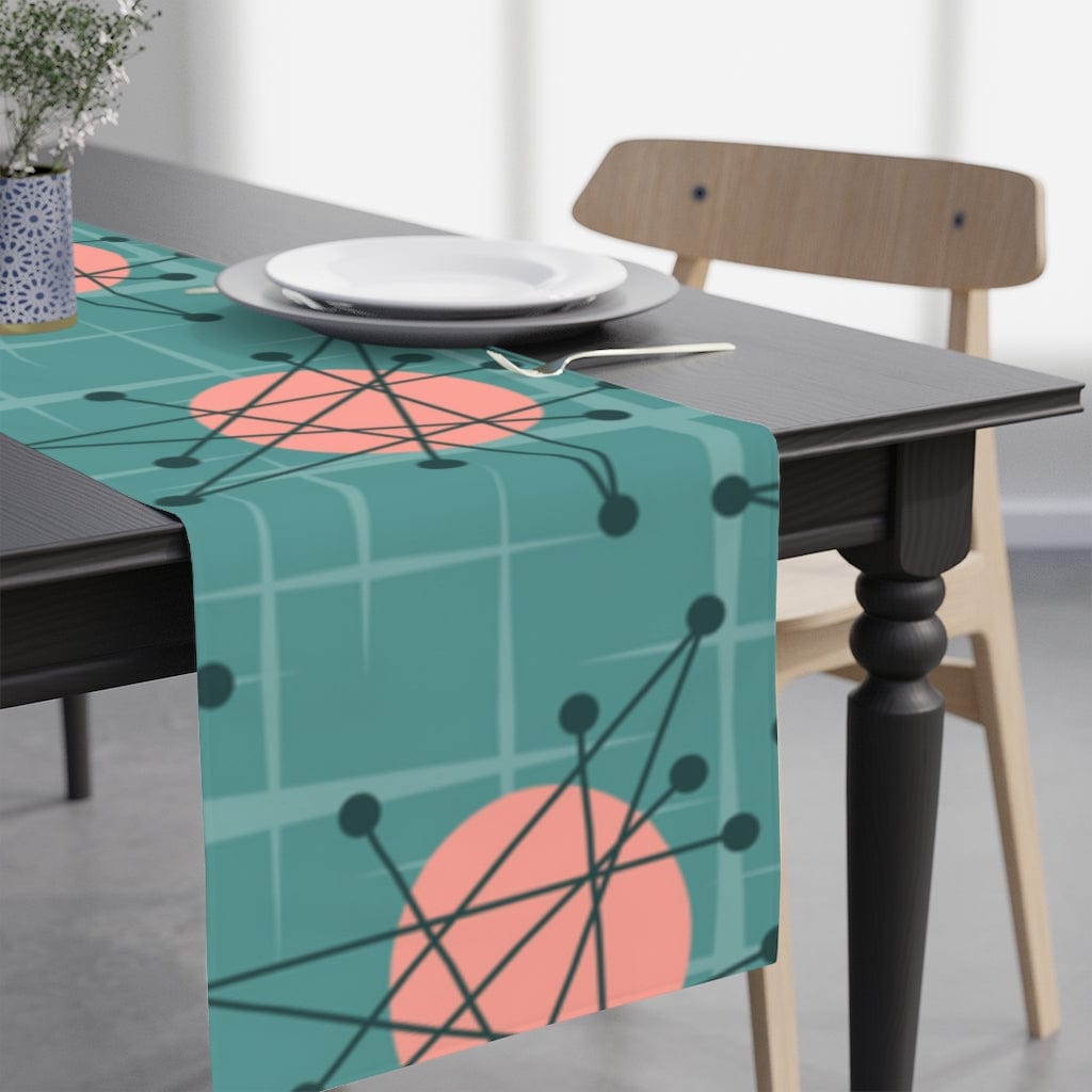 Mid Mod, 50s Atomic Pink, Teal, Abstract Geometric MCM Kitchen, Dining, Tabletop Table Runner Home Decor White / 90&