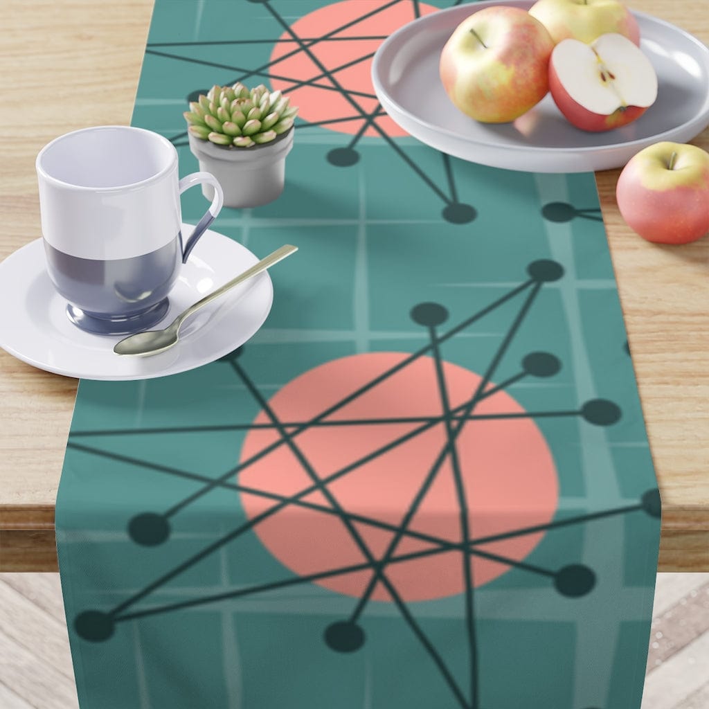 Mid Mod, 50s Atomic Pink, Teal, Abstract Geometric MCM Kitchen, Dining, Tabletop Table Runner Home Decor White / 90'' × 16''