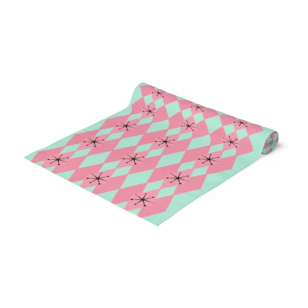 Retro Table Runner 50's Mint Green, Hot Pink Harlequin Diamond Mid Century Modern Kitchen, Livingroom, Bedroom Decor Home Decor White / 90'' × 16''