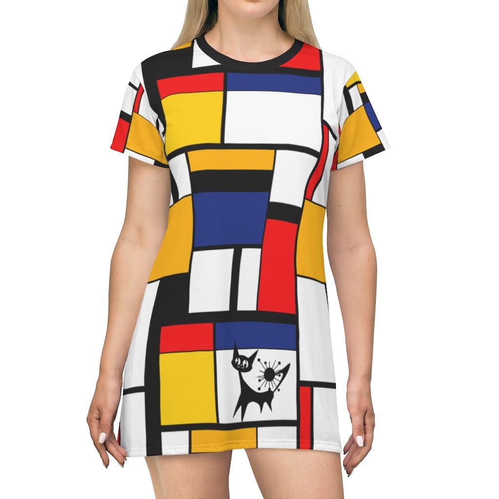 Mondrian Hipster Dress, Mod Cat, Retro Women's Modern T-Shirt Dress XL