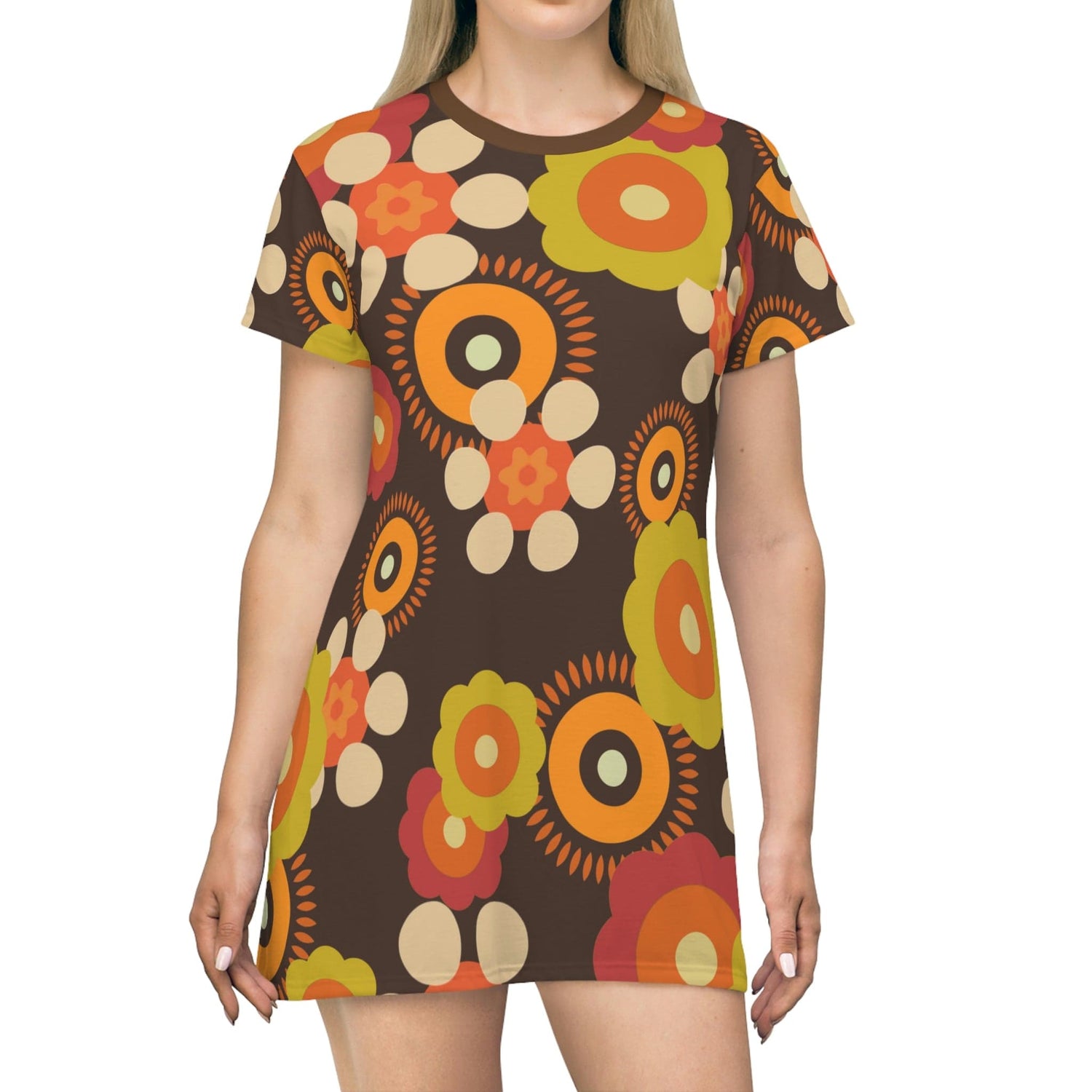 1970's Disco Party Dress, Mod Daisy, Brown, Orange, Green, Hippie Chick T-Shirt Dress S 1970's Disco Party Dress, Mod Daisy, Brown, Orange, Green, Hippie Chick T-Shirt Dress S