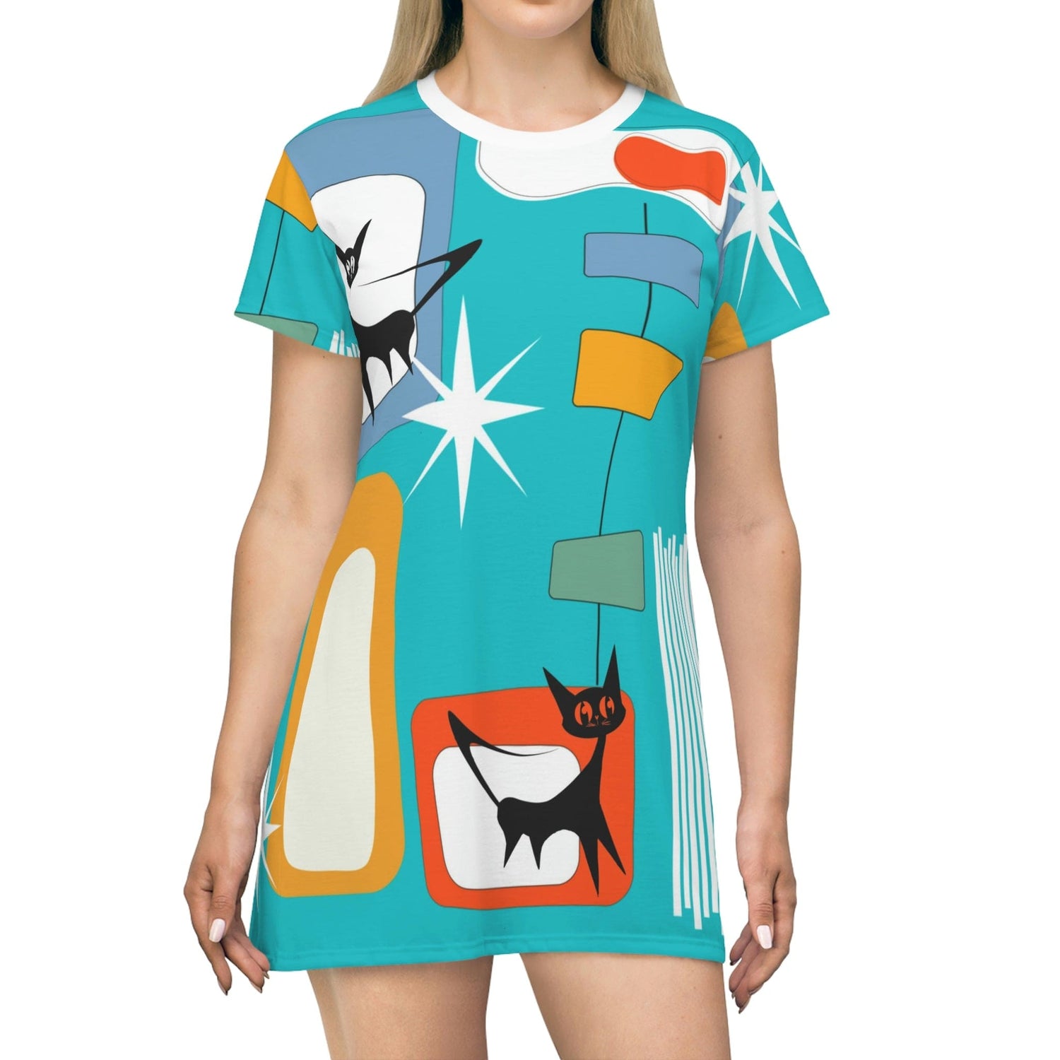 Mid Mod, Atomic Cat, Mid Century Modern Aqua Blue, Geometric Retro Hippie Chick T-Shirt Dress - 7635268698267 Mid Mod, Atomic Cat, Mid Century Modern Aqua Blue, Geometric Retro Hippie Chick T-Shirt Dress - 7635268698267
