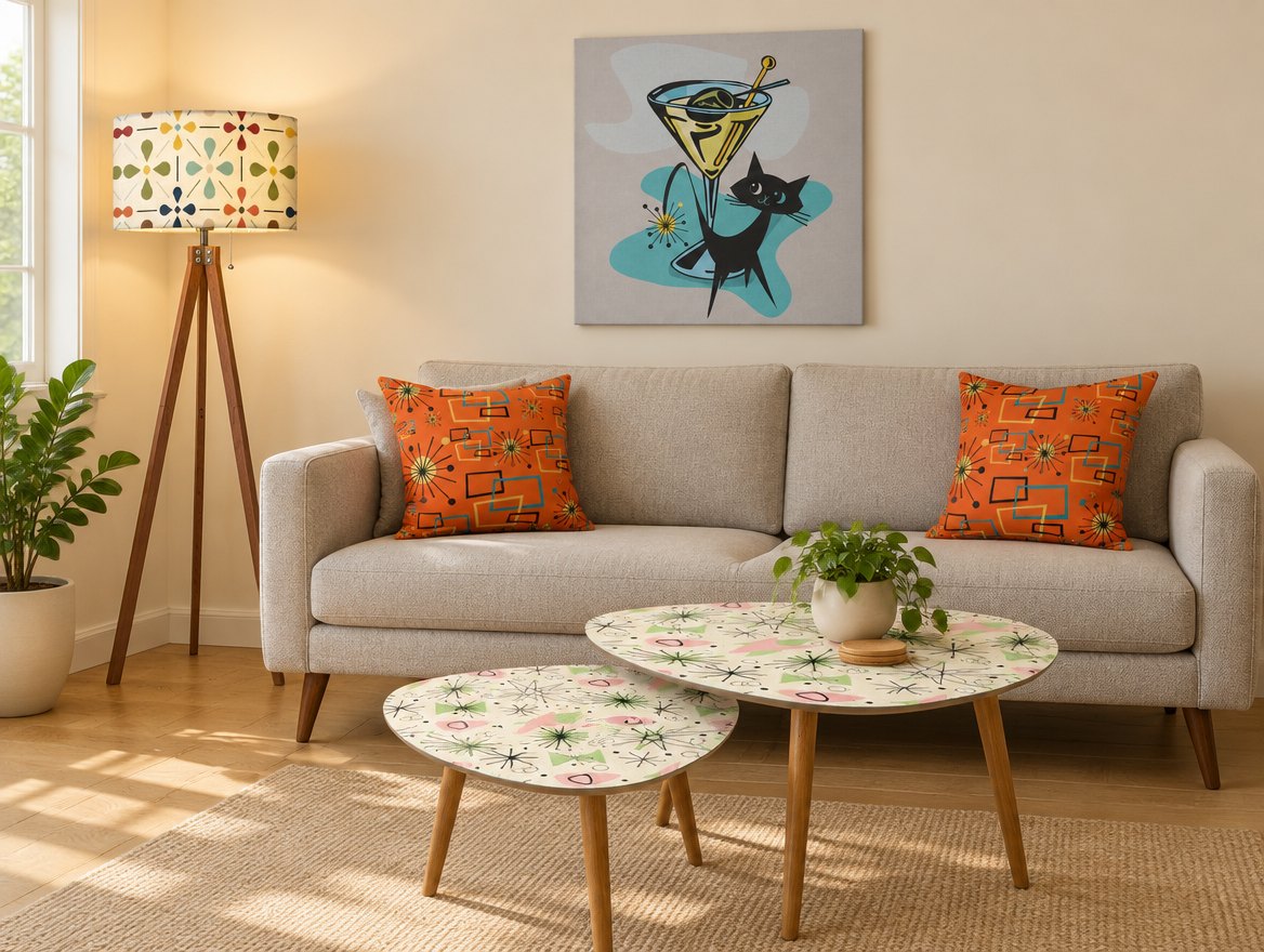 A mid-century living room with a tripod floor lamp, orange starburst pillows, Atomic Cat wall art and starburst nesting tables
